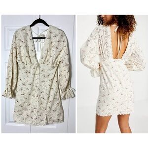 ASOS Design Cream Pink Floral Eyelet Lace Mini Dress Blouson Sleeve Sz 6 Medium